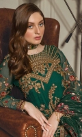 Front Sequence Dori work on chiffon Back Sequence Embroidered on Chiffon Border Front back embroidered border on Organza Sleeves Sequence Embroidered on Chiffon Duppatta Net Embroidered Dupatta Trouser Plain Net with separate Embroidered Flowers Jamawar for Trouser Lining