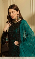 Front Sequence Embroidered Chiffon Back Sequence Embroidered Back Border Sequence Embroidered front, Back Border on Organza Sleeves Sequence Embroidered Net Dupatta Sequence Embroidered Chiffon Dupatta Trouser Dyed Russian Grip Trouser Organza Patch