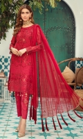 Chiffon Sequence Embroidered front along with Handwork  Chiffon embroidered back  Organza embroidered front and back Daman patches  Chiffon embroidered sleeves along with border patch  Chiffon embroidered duppata  Dyed rawsilk trouser along with embroidered motifs