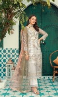 Organza Embroidered and sequence work front with Handwork  Organza embroidered back  Organza embroidered front and back border  Embroidered Cutwork Sleeves along with separate embroidered patch  Embroidered Duppata on Net  Jamawar trouser along with Trouser Patch