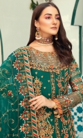 Chiffon Sequence Embroidered front along with Handwork  Embroidered Handwork Neckline  Chiffon embroidered back  Organza embroidered front and back Daman patches  Chiffon embroidered sleeves along with border patch  Chiffon embroidered duppata  Jamawar Dyed Trouser along with embroidered patch