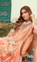 Embroidered Chiffon front panel with Boring  Handwork embroidered Neck line  Chiffon embroidered back center panel  Chiffon embroidered front and back panels  Embroidered daman front, back patches  Chiffon embroidered Sleeves along with embroidered lace  Dyed rawsilk trouser
