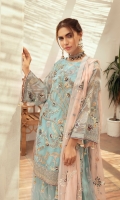 Embroidered front along with beautiful handwork on Organza  Embroidered back  Organza Embroidered Sleeves along with embroidered border patch  Organza Embroidered front and back border  Chiffon embroidered Duappata  Net Embroidered Sharara fabric along with jamawar lining