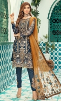 Chiffon Embroidered Front with Artistic Handwork  Chiffon Embroidered Back  Chiffon Embroidered Sleeves along with border patch  Embroidered Pallu duppatta on Net  Raw silk trouser with Embroidered motifs