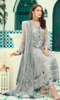Net Embroidered Center Panel with cutwork  Embroidered Back Panel  Net embroidered front and back side panels  Organza embroidered borders for front and back  Embroidered sleeves along with embroidered patch  Net embroidered Duppata  Dyed raw Silk trouser
