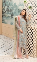 Embroidered Organza Handwork Front  Embroidered Organza Back  Embroidered Organza Handwork Embellished Border  Embroidered Organza Back Border  Embroidered Handwork Sleeves,  Embroidered Net Duppatta  Dyed Rawsilk Trouser