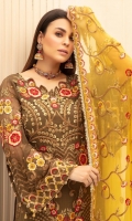Embroidered Chiffon Front  Embroidered Chiffon Back  Organza Embroidered Border for Front and Back  Embroidered Chiffon Sleeves  Embroidered Chiffon Duppata