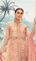 Embroidered Net Front Right and Left Panel  Embroidered Front, Right and Left Body  Embroidered Side Panel for Front  Embroidered Net Back  Embroidered Side Panel for Back  Embroidered Front Back Border  Embroidered Sleeves  Embroidered Net Duppata  Tie and Dyed Rawsilk Trouser