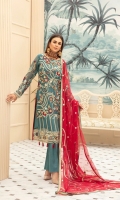Embroidered Chiffon Hand Work Front,  Chiffon Back,  Hand Embellished Organza Embroidered Front Border  Organza Embroidered Back Border  Embroidered Chiffon Sleeves  Chiffon Embroidered Duppatta  Dyed Rawsilk Trouser