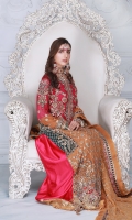 Front: Chiffon embroidered hand work front body Chiffon Embroidered Handwork Front Center Panel. Chiffon Embroidered Hand Work Side Panels. Back: Chiffon embroidered back body. Chiffon embroidered back center panel Chiffon embroidered back side panels. Sleeves: Chiffon embroidered Adda work sleeves Embroidered sleeves patch with handwork.  Borders: Chiffon Embroidered Adda work front patch Organza embroidered Adda work front border Organza embroidered front body lace Chiffon embroidered back patch Pouch: Net embroidered beautiful pouch. Dupatta: Chiffon Embroidered Dupatta. Rawsilk embroidered laces for dupatta. Trouser: Shamose silk fabric along with printed foil border for sharara/lehnga. Accessories: Shirt Tussles Included