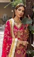 Chiffon Embroidered Front with adda work. Chiffon Embroidered adda work Sleeves. Chiffon Embroidered back. Chiffon Embroidered Dupatta. Chiffon Embroidered Front side panel. Organza Embroidered Handmade Front border. Organza Embroidered back border. Organza Embroidered Handmade Sleeves border. Organza Embroidered Dupatta Border. Organza Embroidered trouser lace Silk Embroidered trouser.