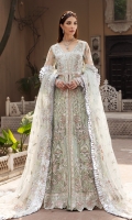 Net Embroidered Handmade right and left Front body. Net Embroidered back body. Net Embroidered Handmade Front right and left panel. Net Embroidered Handmade Front side panel. Net Embroidered back right and left panel. Net Embroidered back side panel. Net Embroidered Handmade Sleeves. Net Embroidered Dupatta. Organza Embroidered Hand made Front border. Organza Embroidered back border. Net Embroidered Front panel lace. Dyed Raw silk Trouser.