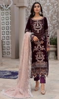 Velvet Embroidered Front. Velvet Embroidered Sleeves. Velvet Fabric for Back. Velvet Embroidered Front and Back Border. Velvet Embroidered Sleeves Border. Mesoury Embroidered dupatta. Organza Embroidered  trouser patch. Raw Silk trouser.