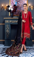 FRONT: SHAMOSE SILK EMBROIDERED  BACK: Velvet Back     SLEEVES: SHAMOSE SILK EMBROIDERED LACES: Embroidered laces fro Front, back, Nek line and sleeves Duppatta: Velvet Embroidered Shawl  Trouser: Dyed Shamose Silk
