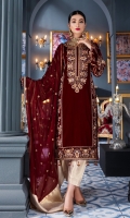 Front: Velvet Dori embroidered center and side panels, Back; Velvet Back Sleeves: Velvet cording embroidered sleeves Laces: Velvet cording embroidered front and back patch, embroidered lace for back center panel, Dupatta: Chiffon embroidered dupatta with Jamwar Pallu patch Trouser: Dyed Jamawar