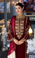 Front: Velvet Dori embroidered center and side panels, Back; Velvet Back Sleeves: Velvet cording embroidered sleeves Laces: Velvet cording embroidered front and back patch, embroidered lace for back center panel, Dupatta: Chiffon embroidered dupatta with Jamwar Pallu patch Trouser: Dyed Jamawar