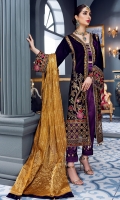 Front: Velvet dori embroidered front panels along with organza embroidered jaal and Shamose inner Back:  Vevet Sleeves Velvet along with embroidered cording border Laces:  Organza embroidered front, back border Dupatta: Jacquard dyed Shawl Trouser: Shamose silk