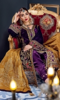 Front: Velvet dori embroidered front panels along with organza embroidered jaal and Shamose inner Back:  Vevet Sleeves Velvet along with embroidered cording border Laces:  Organza embroidered front, back border Dupatta: Jacquard dyed Shawl Trouser: Shamose silk