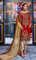 Front:  Velvet Cording embroidered front Back:  Velvet Back                Sleeves: Velvet cording embroidered sleeves Laces: Velvet corded embroidered front, back and sleeves broder Dupatta: Chiffon embroidered dupatta. Trouser: Dyed Raw Silk along with embroidered trouser patch
