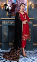 FRONT: SHAMOSE SILK EMBROIDERED  BACK: Velvet Back     SLEEVES: SHAMOSE SILK EMBROIDERED LACES: Embroidered laces fro Front, back, Nek line and sleeves Duppatta: Velvet Embroidered Shawl  Trouser: Dyed Shamose Silk