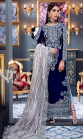 Front:  Dori Embroidered front on Velvet,  Dori Embroidered Neck with Adda Work Back:  Velvet Back                SLEEVES:  Dori Embroidered Sleeves Laces: Dori Embroidered Velvet Lace for Chalks,  Embroidered Front , back borders,  Organza Embroidered lace for Dupatta Duppatta: Brochia Net Duappata Trouser: Dyed Raw Silk