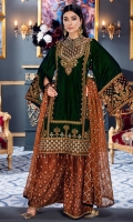 Front: Velvet dori embroidered Neck line, Velvet dori embroidered center panel and side panels Back:  Velvet dori embroidered back center panel and side panels. Sleeves; Velvet Sleeves along with Embroidered Border Laces;  Velvet Dori Embroidered Front, Back patches Dupatta: Chiffon embroidered dupatta. Trouser: Embroidered Raw Silk Trouser