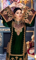 Front: Velvet dori embroidered Neck line, Velvet dori embroidered center panel and side panels Back:  Velvet dori embroidered back center panel and side panels. Sleeves; Velvet Sleeves along with Embroidered Border Laces;  Velvet Dori Embroidered Front, Back patches Dupatta: Chiffon embroidered dupatta. Trouser: Embroidered Raw Silk Trouser