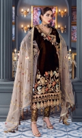 Front: Velvet Dori Embroidered Neckline,Velvet embroidered front.  Velvet Embroidered Center and Side panels Back: Velvet Sleeves: Velvet Sleeves along with embroidered dori  border. Laces: Velvet Dori Embroidered front Patch, Embroidered front, back and neckline lace Dupatta: Mesouri Embroidered Dupatta Trouser: Dyed Jamawar