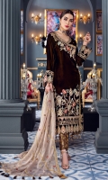 Front: Velvet Dori Embroidered Neckline,Velvet embroidered front.  Velvet Embroidered Center and Side panels Back: Velvet Sleeves: Velvet Sleeves along with embroidered dori  border. Laces: Velvet Dori Embroidered front Patch, Embroidered front, back and neckline lace Dupatta: Mesouri Embroidered Dupatta Trouser: Dyed Jamawar