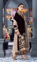 Front: Velvet Dori Embroidered Neckline,Velvet embroidered front.  Velvet Embroidered Center and Side panels Back: Velvet Sleeves: Velvet Sleeves along with embroidered dori  border. Laces: Velvet Dori Embroidered front Patch, Embroidered front, back and neckline lace Dupatta: Mesouri Embroidered Dupatta Trouser: Dyed Jamawar