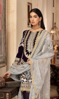 Front; Velvet Embroidered with beautiful Sheesha work enhancing the craftsmanship  Back; Velvet Sprinkled Embroidered  Border; Velvet Embroidered Front , Back Border  Sleeves; Velvet Embroidered  Sleeves Border; Velvet Embroidered  Duppata; Embroidered Chiffon Trouser; Dyed Raw Silk