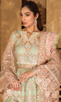 Net Embroidered  front body, Net Embroidered back body,  Net Embroidered front and back panels, Net Embroidered sleeves. Organza Embroidered  front, back, sleeves border , Net Embroidered Dupatta ,Organza Embroidery border for dupatta Raw silk trouser.