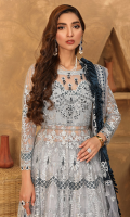 Embroidered Adda Work body on net., Embroidered Back body. Embroidered Front and Back Panels. Embroidered Sleeves. Organza Embroidery  front, back border , Net Embroidery Dupatta along with Center embroidered motif on chiffon and embroidered borders. Jamawar trouser.