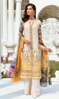 Lawn Embroidered Digital print front.             Lawn Digital print back and Sleeves. Lawn Embroidered front ,back and Sleeves border. Lawn Embroidered front patches. Lawn Embroidered lace for front panels. Lawn Embroidered bazu patch. Organza Embroidered Lace. Bemberg Chiffon Digital print dupatta . Dyed Cambric Emboze trouser.