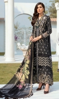 Lawn Embroidered front right and left panels. Lawn Embroidered front and back side panel. Lawn Embroidered Sleeves. Lawn Embroidered front and back border. Organza Embroidered Cut work back body. Organza Embroidered lace for front panel and back body. Organza Embroidered Cut work border for front and back. Organza Embroidered front and back border. Organza Embroidered lace for Sleeves. Organza Embroidered Lace. Bemberg Chiffon Digital print dupatta . Dyed Cambric trouser.