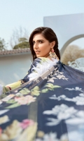 Lawn Embroidered Digital print front.             Lawn Digital print back and Sleeves. Lawn Embroidered front ,back border. Lawn Embroidered front patches. Lawn Embroidered lace for front panels. Lawn Embroidered front ,back and Sleeves border. Bemberg Chiffon Digital print dupatta . Dyed Cambric Emboze trouser.