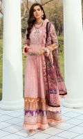 Lawn Embroidered front body. Lawn Embroidered back body. Lawn Embroidered boring front. Lawn Embroidered back. Lawn Embroidered Sleeves border. Lawn Embroidered front and back border. Lawn Embroidered front ,back and  Sleeves border. Organza Embroidered Sleeves. Organza Embroidered Sleeve border. Organza Embroidered Lace. Bemberg Chiffon Digital print dupatta . Dyed Cambric trouser.