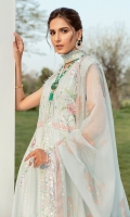 Lawn Embroidered boring front right and left panel. Lawn Embroidered boring front side panels. Lawn Embroidered back panels. Lawn Embroidered boring front  body. Lawn Embroidered boring back body. Lawn Embroidered Sleeves. Grip Embroidered boring Border for front and back. Grip Embroidered small lace for front and back. Organza Embroidered front and back body patch. Organza Embroidered lace for front and back. Organza Embroidered front and back border. Organza Embroidered Cut work patch for front and back. Organza Embroidered Cut work border for front and back. Khadii Net block print dupatta. Dyed Cambric trouser.