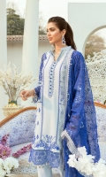 Dobi Lawn Embroidered front with ada work. Dobi Lawn Embroidered back. Dobi Lawn Embroidered Sleeves and trouser patch. Organza Embroidered Cut work patch for Sleeves. Organza Embroidered Cut work border for front,back and Sleeves. Khadii Net Embroidered dupata. Dyed Cambric trouser.