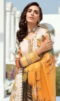 Lawn Embroidered Digital print front.             Lawn Digital print back and Sleeves. Lawn Embroidered front ,back and Sleeves border. Lawn Embroidered front patches. Lawn Embroidered lace for front panels. Lawn Embroidered bazu patch. Organza Embroidered Lace. Bemberg Chiffon Digital print dupatta . Dyed Cambric Emboze trouser.