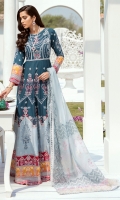 Lawn  Embroidered boring front body. Lawn Embroidered back body. Lawn Embroidered front and back panels. Lawn Embroidered front and back panel patches. Lawn Embroidered boring Sleeves. Lawn Embroidered front and back border. Lawn Embroidered Multi colour front, back and Sleeves borders. Lawn Embroidered lace for Sleeves. Khadii Net block print dupatta . Dyed Cambric trouser.