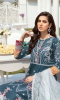Lawn  Embroidered boring front body. Lawn Embroidered back body. Lawn Embroidered front and back panels. Lawn Embroidered front and back panel patches. Lawn Embroidered boring Sleeves. Lawn Embroidered front and back border. Lawn Embroidered Multi colour front, back and Sleeves borders. Lawn Embroidered lace for Sleeves. Khadii Net block print dupatta . Dyed Cambric trouser.