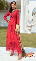 Lawn Embroidered boring front and back body. Lawn Embroidered boring front panel. Lawn Embroidered back center panel. Lawn Embroidered boring front and back side panels. Lawn Embroidered boring Sleeves. Organza Embroidered Cut work neck, front and Sleeves patches. Organza Embroidered Cut work border for front and back. Organza Embroidered Sleeves border. Bemberg Chiffon Digital print dupatta . Dyed Cambric trouser.