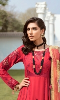 Lawn Embroidered boring front and back body. Lawn Embroidered boring front panel. Lawn Embroidered back center panel. Lawn Embroidered boring front and back side panels. Lawn Embroidered boring Sleeves. Organza Embroidered Cut work neck, front and Sleeves patches. Organza Embroidered Cut work border for front and back. Organza Embroidered Sleeves border. Bemberg Chiffon Digital print dupatta . Dyed Cambric trouser.