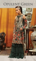 Embroidered organza front with sequence– 1 yard Embroidered organza back– 1 yard Embroidered tissue front and back border with sequence– 2 yard Embroidered organza sleeves– 0.75 yard Embroidered chiffon dupatta -2.75 yard Embroidered tissue dupatta border with sequence– 2.75 yard Raw silk trouser -2.5 yards