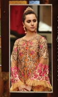 Embroidered chiffon front– 0.75 yard Embroidered chiffon back – 0.75yard Embroidered chiffon front and back side panel – 0.5yard Embroidered organza front and back border– 2 yard Embroidered net sleeves with cutwork -0.75 yards Chiffon dupatta -2.75 yard Embroidered organza dupatta border -2.75 yard Raw silk trouser -2.5 yards Embroidered organza trouser patch– 2 pcs