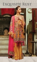 Embroidered chiffon front– 0.75 yard Embroidered chiffon back – 0.75yard Embroidered chiffon front and back side panel – 0.5yard Embroidered organza front and back border– 2 yard Embroidered net sleeves with cutwork -0.75 yards Chiffon dupatta -2.75 yard Embroidered organza dupatta border -2.75 yard Raw silk trouser -2.5 yards Embroidered organza trouser patch– 2 pcs