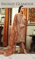 Embroidered chiffon front with sequence – 1 yard Embroidered chiffon back -1 yard Embroidered organza front and back border with sequence – 2 yard Chiffon sleeves– 0.75 yard Embroidered organza sleeves border with sequence– 1.5yard Embroidered chiffon dupatta with sequence – 2.75 yard Raw silk trouser – 2.5 yard Embroidered organza trouser border with sequence – 1 yard