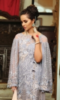 Embroidered chiffon front with sequence – 1 yard Embroidered organza front neck motif patch– 1 pcs Embroidered organza front border -1yard Embroidered chiffon back – 1 yard Embroidered chiffon sleeves with sequence – 0.75 yard Embroidered chiffon dupatta with sequence – 2.75 yard Embroidered organza dupatta border– 2.75yard Raw silk trouser– 2.5 yard Embroidered organza trouser patch– 2 pcs