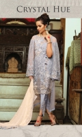 Embroidered chiffon front with sequence – 1 yard Embroidered organza front neck motif patch– 1 pcs Embroidered organza front border -1yard Embroidered chiffon back – 1 yard Embroidered chiffon sleeves with sequence – 0.75 yard Embroidered chiffon dupatta with sequence – 2.75 yard Embroidered organza dupatta border– 2.75yard Raw silk trouser– 2.5 yard Embroidered organza trouser patch– 2 pcs